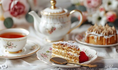 In the foreground a porcelain cup of English tea with a porcelain teapot, Generative AI
