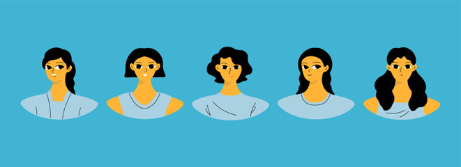 Obraz premium Set of female user portraits. Collection of varios young women faces. Isolated flat vector in simple cartoon style.
