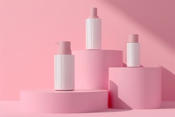 mockup set of various white skincare products on pink podiums, hand or face cream, lotion, template cosmetics packaging, sale shopping, advertising beauty tubes