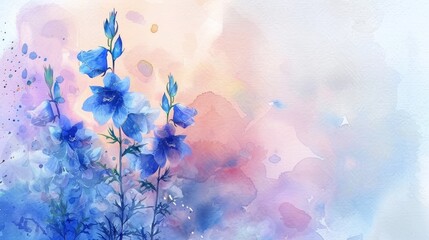 Blue delicate flowers on white background. Watercolor painting.