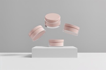 set of floating cream jars above podium, mock up template of cosmetics package, stylish advertising composition of skincare products, beauty sale shopping wallpaper for design