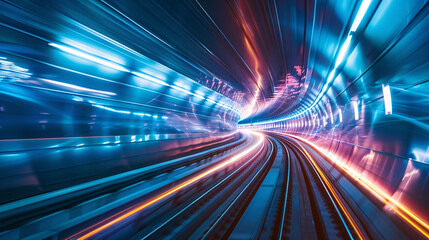 Abstract speeding train in tunnel. A vibrant, abstract image of a train speeding through a tunnel, with streaks of blue and orange light trails.