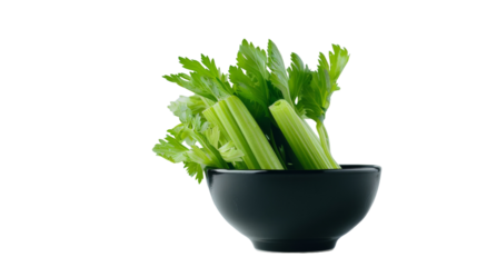 A black bowl filled with fresh celery sticks, set against a plain white background