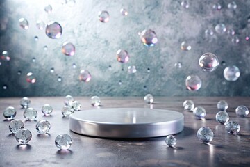 A minimalistic background for the demonstration of jewelry products. A modern empty podium with a gray wall and diamonds. Creative design for product presentation.