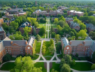 Aerial view of a university campus featuring lush green spaces, historic buildings, and pathways.