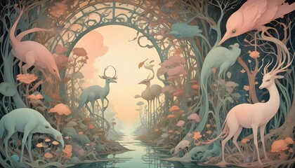 "Craft a surreal scene of dreamlike creatures inhabiting a fantastical realm generated by AI."