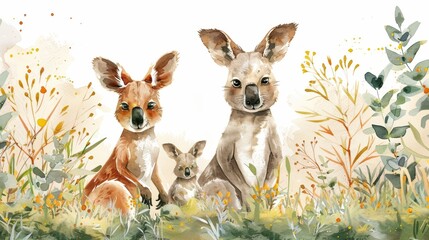 A kangaroo family is standing in a field of flowers