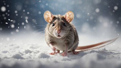 A brown rat is sitting in the snow looking at the camera.