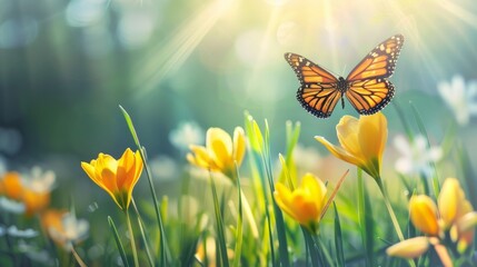 Beautiful butterfly hovering gracefully above fresh spring blossoms glowing in the warm sunlight