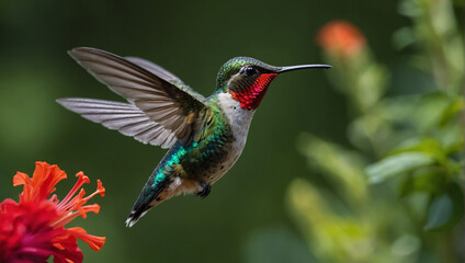 Obraz premium A vibrant hummingbird with iridescent feathers hovering mid-air, sipping nectar from a bright red flower. The background is a lush, green garden.