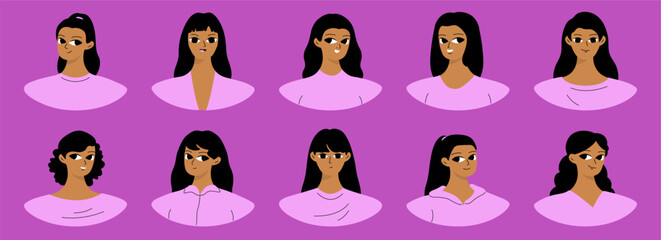 Obraz premium Set of user profiles. Smiling black woman avatar collection. Chat icons, different faces. Isolated flat illustrations bundle.