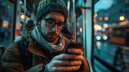 Young man using mobile phone while commuting by public transport, with cool tones of transport colors, moderate depth with vehicle details, relaxed expression, and modern setting.