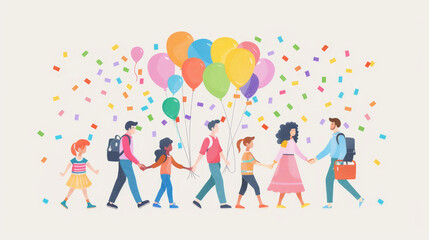 Naklejka premium A vibrant illustration of diverse people walking together with balloons and confetti, symbolizing celebration and unity.