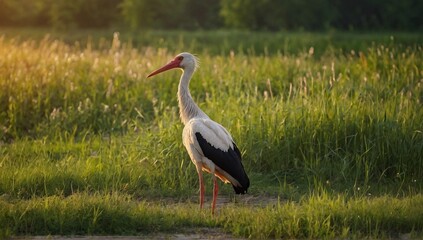 Fototapeta premium Adult_European_White_Stork_Standing_In_Green_