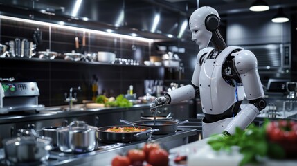 Robot chef cooks a dish in the kitchen. Generative AI