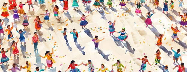 Fototapeta premium A large group of people are dancing and celebrating in a colorful and vibrant atmosphere. The people are wearing traditional clothing and the scene is full of joy and movement.