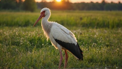 Naklejka premium Adult_European_White_Stork_Standing_In_Green_