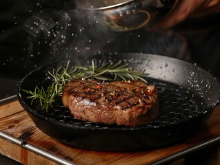 Step-by-step guide to cooking the perfect steak on the grill or in a pan, featuring various stages of the process from seasoning to flipping the steak.