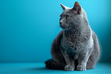 Illustration of  grey cat is sitting on a blue background, high quality, high resolution