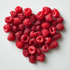 A heart shaped arrangement of fresh, ripe raspberries isolated on a white background. idea of eco farming, harvest, perfect for themes of love, healthy snacks, food, and nutrition.