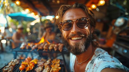 Smiling bearded man in sunglasses grilling at a summer barbecue with friends in the background