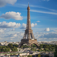 Image taking a wide-angle shot of the Eiffel Tower amidst the bustling cityscape of Paris, highlighting the tower's iconic status and the vibrant energy of the city.