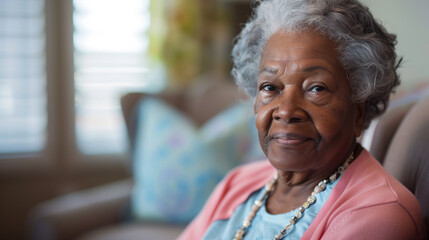 Happy African American senior at nursing home looking at camera, with soft tones of home colors, moderate depth with nursing home details, confident expression, and cozy atmosphere.