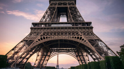 The Eiffel Tower during the golden hour, with warm, soft light casting a romantic glow on the iron latticework.