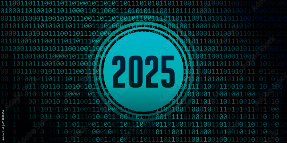 Poster 2025 number on digital binary code background vector illustration