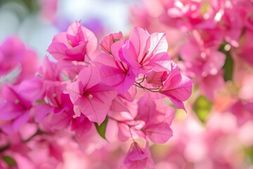 Close-up of vivid pink bougainvillea flowers bathed in soft sunlight against a blurred background