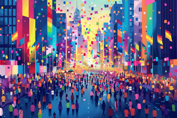 Fototapeta premium Vibrant city celebration in colorful urban landscape with diverse crowd, confetti, lights, and festive atmosphere.