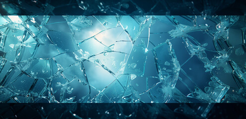 Shattered glass ceiling with blue light with reflections and shadows backdrop