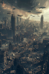 Alien Invasion in a Post-Apocalyptic World: A devastated cityscape with remnants of human...