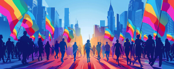 Vibrant illustration of a crowd celebrating in a city street with colorful rainbow flags, emphasizing unity and diversity.