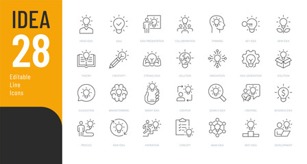 Idea Editable Icons set. Vector illustration in modern thin line style of creating related icons: research, thinking, solution, and more. Pictograms and infographics for mobile apps.

