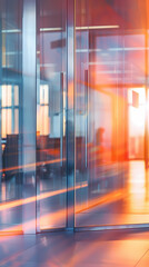 Fototapeta premium Modern office building interior with glass walls and reflective floors