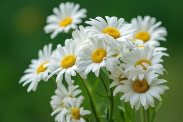 Fototapeta premium Close-up of fresh white daisy flowers with vibrant yellow centers against a green backdrop