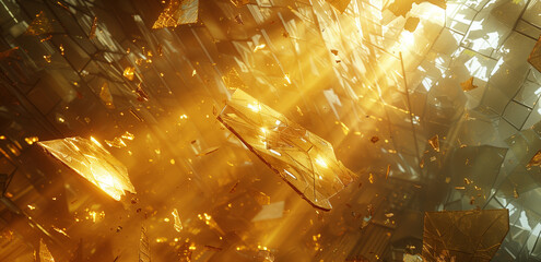 Shattered glass ceiling with gold light with reflections and shadows backdrop