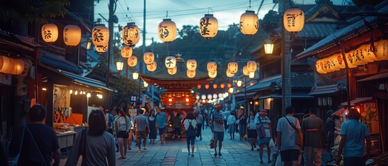 Fototapeta premium In the evening glow of Kyoto, the streets come alive with Yoiyama festivities. Illuminated floats decorated with lanterns create a magical atmosphere, 