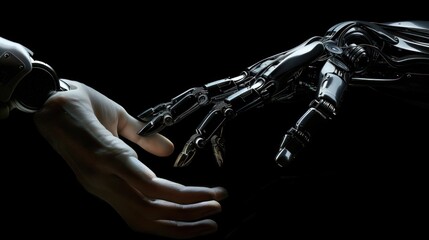 Naklejka premium Close-up of a hand human and a robot touching each other.