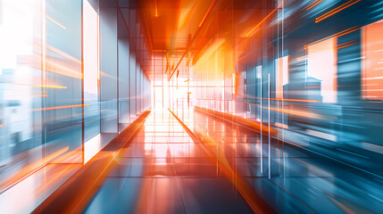 Modern office building interior with glass walls and reflective floors