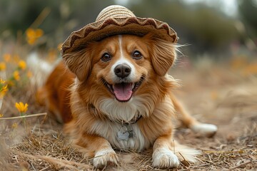 A dog is laying on the ground laughing and wearing a sombrero hat - Powered by Adobe