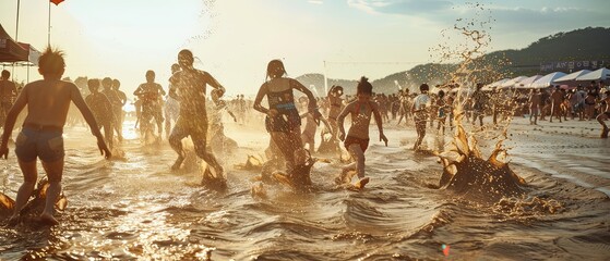 On a sunny day at Daecheon Beach, a group of friends splashes in a mud pool, their faces lit with exhilaration. 
