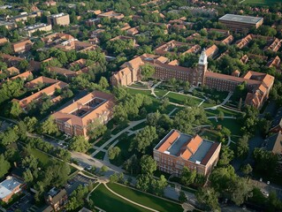 Aerial view of a university campus featuring historic buildings, lush greenery, and pathways.