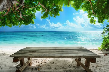 Beach wooden furniture set beautiful ocean view and landscape background