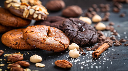 Homemade cookies with chocolate and pecans. Close-up of fresh baked cookies with chocolate chips, pecans, sea salt, and cinnamon sticks on dark background.