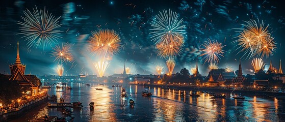 Obraz premium The night sky over Phnom Penh is ablaze with brilliant fireworks, each burst painting the darkness with vivid colors.