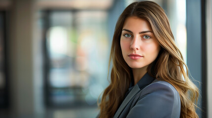 Fototapeta premium Young successful businesswoman at corporate office looking at camera, with professional tones of gray and blue, moderate depth with office details, confident expression, and modern setting.