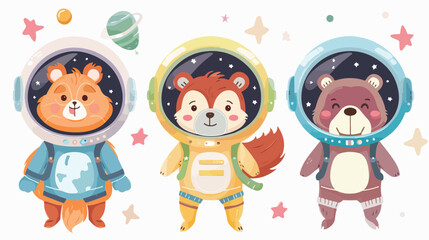 Cute forest animals astronauts cartoon characters in