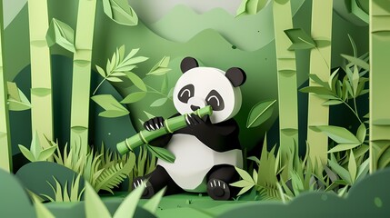 Naklejka premium Paper cut bamboo forest panda illustration poster background